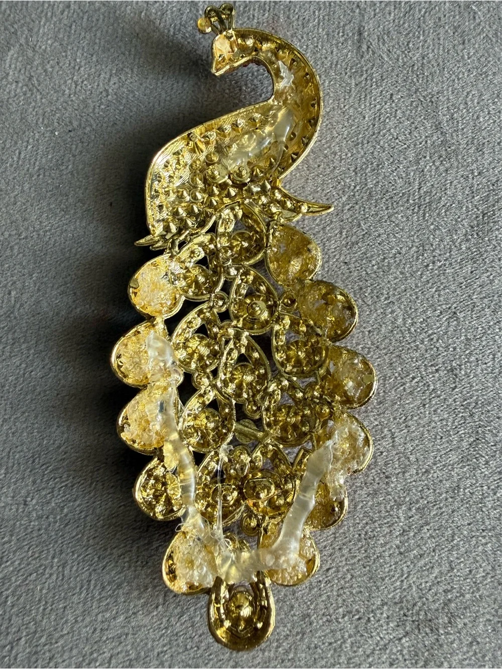Gold-Tone Peacock Brooch with Fuchsia and Aurora Rhinestones